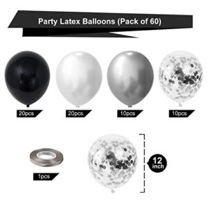 Bezente Black Silver Confetti Latex Balloons,60pcs 12 inch Black White Silver Metallic Chrome and Silver Confetti Balloons for Birthday, Baby Shower, Wedding, and Silver Theme Party Decoration