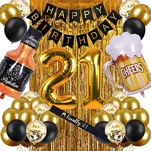 21st Birthday Decorations for Women Men, Happy Birthday Decorations for Boys Girls 21st Birthday Party - 21st Birthday Decorations Black and Gold for Her Him 21 Birthday Party Supplies