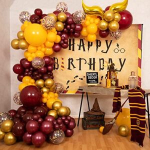 100pc, 4 sizes – harry potter balloon garland arch kit with bonus snitch for harry potter birthday decorations – harry potter party supplies for hogwarts balloons, magic wizard theme, baby shower