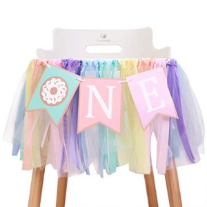donut 1 to 2 years old birthday banner – donut theme birthday high chair banner, a soft rainbow ribbon tutu group, sweet days, leaving a wonderful party time, perfect party decoration. (donut 1)