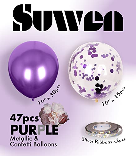 SUWEN Purple Metallic Balloons and Confetti Balloons Set 47PCS Latex Helium Chrome Dark Purple Balloon for Birthday Anniversary Party Decorations