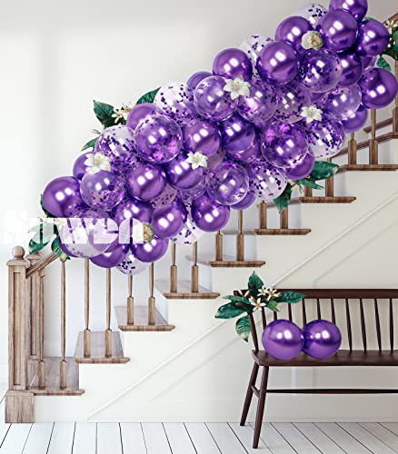 SUWEN Purple Metallic Balloons and Confetti Balloons Set 47PCS Latex Helium Chrome Dark Purple Balloon for Birthday Anniversary Party Decorations