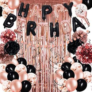 black rose gold birthday party decorations for women girls, 78 pack black rose gold confetti balloons, curtains, paper flowers, hanging swirl and circle dot garland for girl women