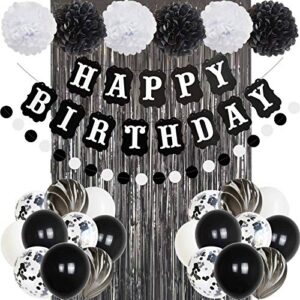 ansomo black and white happy birthday party decorations, 30 pcs balloons banner foil fringe curtains, for men women