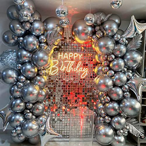 Chrome Metallic Silver Balloon Garland Arch Kit with 4D Laser Disco Foil Balloon for Birthday Wedding Bachelor Party Graduation Party