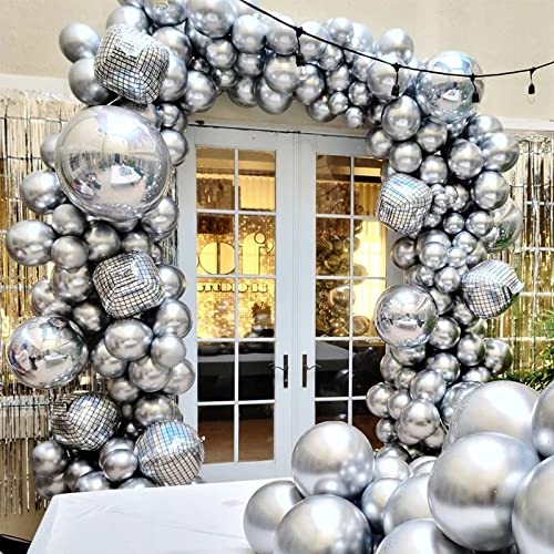 Chrome Metallic Silver Balloon Garland Arch Kit with 4D Laser Disco Foil Balloon for Birthday Wedding Bachelor Party Graduation Party