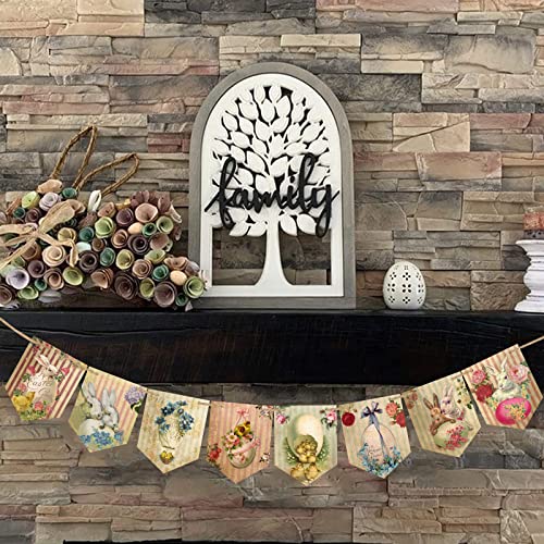 Vintage Easter Decorations Easter Banner, Easter Decor Easter Garland with Bunny and Egg Pattern, Easter Decorations for the Home Fireplace Indoor Outdoor Easter Party