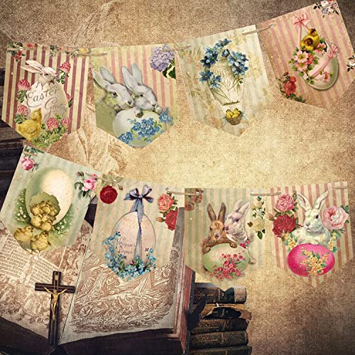 Vintage Easter Decorations Easter Banner, Easter Decor Easter Garland with Bunny and Egg Pattern, Easter Decorations for the Home Fireplace Indoor Outdoor Easter Party