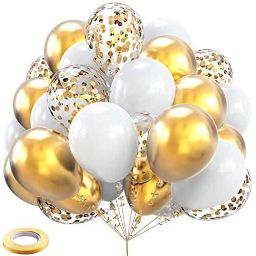 Gold Balloons 60 Pack 12 inch Matte White Metal Gold and Confetti Latex Globo Balloon Bulk with 33 Ft Gold Ribbon for Wedding Birthday Party Graduation Engagement Bridal Shower Decorations