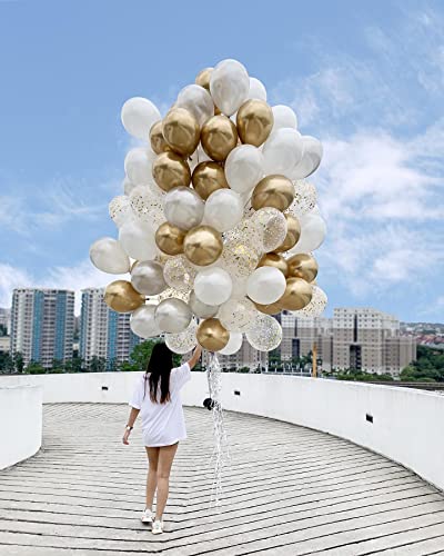 Gold Balloons 60 Pack 12 inch Matte White Metal Gold and Confetti Latex Globo Balloon Bulk with 33 Ft Gold Ribbon for Wedding Birthday Party Graduation Engagement Bridal Shower Decorations