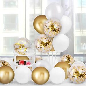 Gold Balloons 60 Pack 12 inch Matte White Metal Gold and Confetti Latex Globo Balloon Bulk with 33 Ft Gold Ribbon for Wedding Birthday Party Graduation Engagement Bridal Shower Decorations