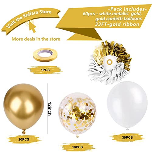 Gold Balloons 60 Pack 12 inch Matte White Metal Gold and Confetti Latex Globo Balloon Bulk with 33 Ft Gold Ribbon for Wedding Birthday Party Graduation Engagement Bridal Shower Decorations