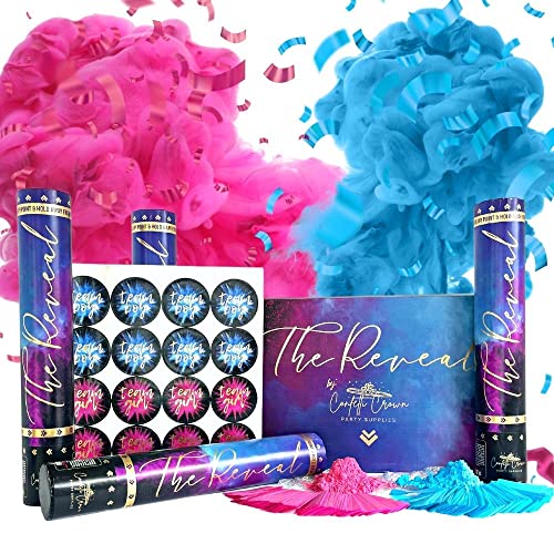 Confetti Crown Baby Gender Reveal Confetti Powder Cannon | 12” [PACK OF 4] 2 Pink & 2 Blue - 100% Biodegradable Confetti & Powder Smoke