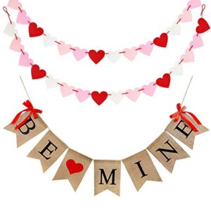 Valentines Day Burlap Banner, Valentines Decor for Home, Be Mine Hanging Banner & 28 Pcs Felt Heart Garland Banner Decor for Mantle Fireplace Wall, Decorations Pre-Assembled - No DIY Required