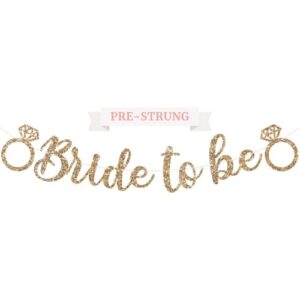 pre-strung bride to be banner – no diy – gold glitter bachelorette bridal party banner in script – pre-strung garland on 8 ft strand – gold bachelorette bridal party decorations & decor. did we mention no diy?