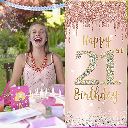 Happy 21st Birthday Door Banner Backdrop Decorations for Women, Pink Rose Gold 21 Birthday Party Door Cover Sign Supplies, 21 Year Old Birthday Poster Background Photo Booth Props Decor