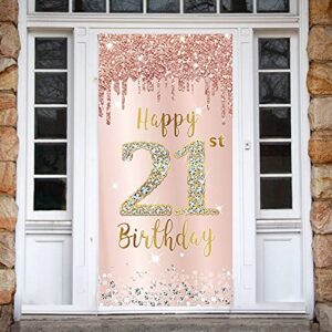 Happy 21st Birthday Door Banner Backdrop Decorations for Women, Pink Rose Gold 21 Birthday Party Door Cover Sign Supplies, 21 Year Old Birthday Poster Background Photo Booth Props Decor