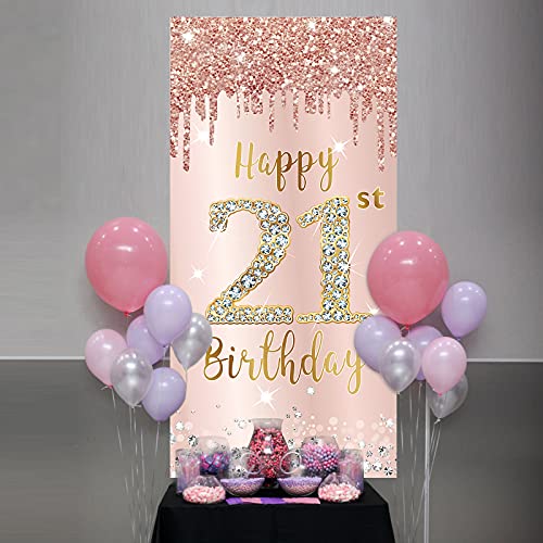 Happy 21st Birthday Door Banner Backdrop Decorations for Women, Pink Rose Gold 21 Birthday Party Door Cover Sign Supplies, 21 Year Old Birthday Poster Background Photo Booth Props Decor