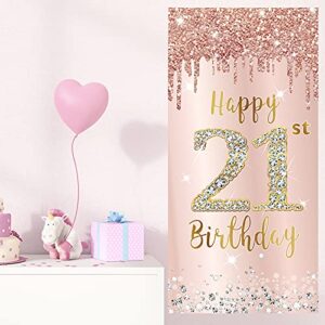Happy 21st Birthday Door Banner Backdrop Decorations for Women, Pink Rose Gold 21 Birthday Party Door Cover Sign Supplies, 21 Year Old Birthday Poster Background Photo Booth Props Decor