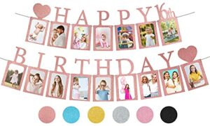 sweet 16 birthday decorations photo banner in rose gold pre-assembled – sweet 16 banner with sixteen photo card frames party supplies – happy 16th birthday decorations for girls with 16 signs