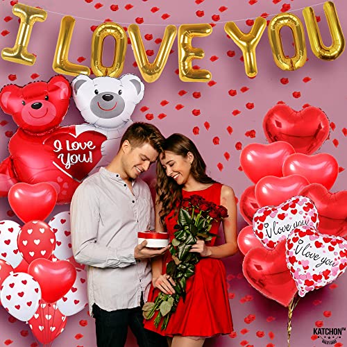 Huge, I Love You Balloons Set - Pack of 54 | Pack of 2000 Rose Petals for Romantic Night for Him Set | Red Heart Balloons, Valentines Day Decor | Valentine Balloons, Romantic Decorations Special Night