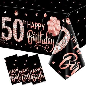 3 pack 50th birthday tablecloth decorations for women, rose gold happy 50 birthday table cover party supplies, fifty years old birthday plastic disposable rectangular table cloth decor