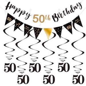 Black and Gold 50th Birthday Decoration Kit for Men, Happy 50th Birthday Banner Bunting Swirls Streamers, Triangle Flag Banner for Birthday Party Decorations Supplies