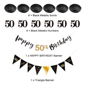 Black and Gold 50th Birthday Decoration Kit for Men, Happy 50th Birthday Banner Bunting Swirls Streamers, Triangle Flag Banner for Birthday Party Decorations Supplies