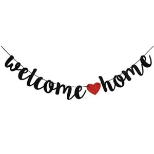 Welcome Home Banner Welcome Back Party Decorations Black Glitter Home Party Sign Decors Banner for Military Army Homecoming Party Decorations, Family Theme Party Supplies