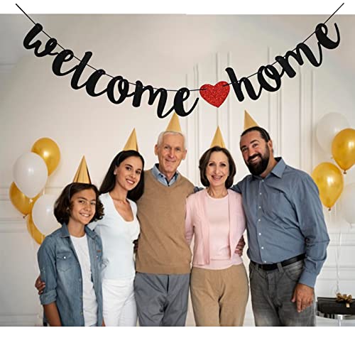 Welcome Home Banner Welcome Back Party Decorations Black Glitter Home Party Sign Decors Banner for Military Army Homecoming Party Decorations, Family Theme Party Supplies