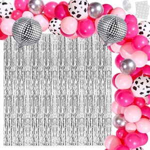 HyDren 95 Pcs Western Disco Party Decorations for Women, Hot Pink Rose Red Silver Cowgirl Balloon Arch 4D Ball Fringe Curtains Theme Last Rodeo Bachelorette Supplies