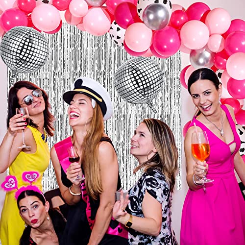 HyDren 95 Pcs Western Disco Party Decorations for Women, Hot Pink Rose Red Silver Cowgirl Balloon Arch 4D Ball Fringe Curtains Theme Last Rodeo Bachelorette Supplies