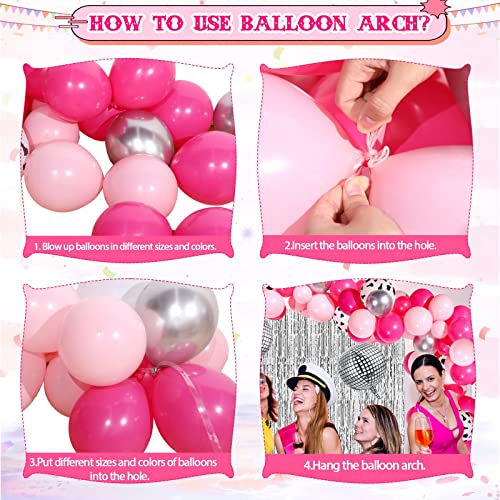 HyDren 95 Pcs Western Disco Party Decorations for Women, Hot Pink Rose Red Silver Cowgirl Balloon Arch 4D Ball Fringe Curtains Theme Last Rodeo Bachelorette Supplies