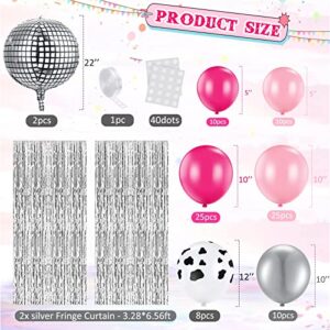 HyDren 95 Pcs Western Disco Party Decorations for Women, Hot Pink Rose Red Silver Cowgirl Balloon Arch 4D Ball Fringe Curtains Theme Last Rodeo Bachelorette Supplies