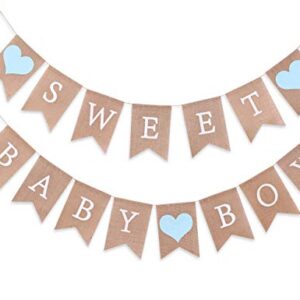 Sweet Baby Boy Burlap Banner - Sweet Baby Boy Shower Decorations, Rustic Baby Shower Decorations, Photo Decoration Props (Sweet Baby Boy Blue)