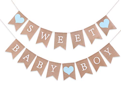 Sweet Baby Boy Burlap Banner - Sweet Baby Boy Shower Decorations, Rustic Baby Shower Decorations, Photo Decoration Props (Sweet Baby Boy Blue)