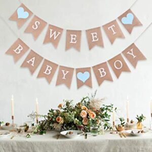 Sweet Baby Boy Burlap Banner - Sweet Baby Boy Shower Decorations, Rustic Baby Shower Decorations, Photo Decoration Props (Sweet Baby Boy Blue)