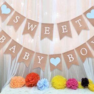 Sweet Baby Boy Burlap Banner - Sweet Baby Boy Shower Decorations, Rustic Baby Shower Decorations, Photo Decoration Props (Sweet Baby Boy Blue)