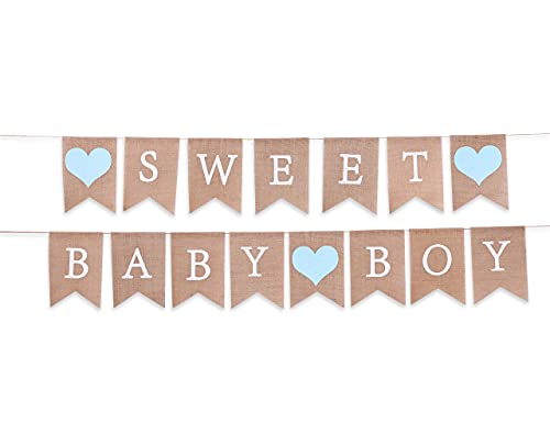 Sweet Baby Boy Burlap Banner - Sweet Baby Boy Shower Decorations, Rustic Baby Shower Decorations, Photo Decoration Props (Sweet Baby Boy Blue)