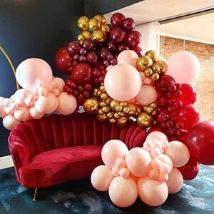 138PCS Burgundy Balloon Garland Arch Kit Burgundy Balloons Blush Balloons and Metallic Gold Latex Balloons for Valentines Day Wedding Bachelorette Birthday Bridal Baby Shower Decoration