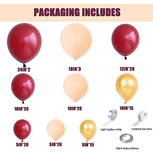 138PCS Burgundy Balloon Garland Arch Kit Burgundy Balloons Blush Balloons and Metallic Gold Latex Balloons for Valentines Day Wedding Bachelorette Birthday Bridal Baby Shower Decoration