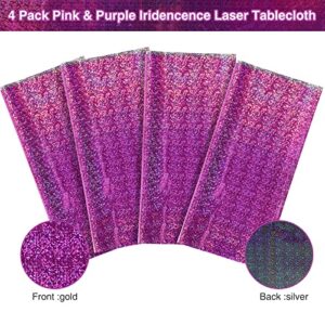 4 Pack Iridescence Plastic Tablecloths Shiny Disposable Laser Rectangle Table Covers Holographic Foil Tablecloth Iridescent Party Decoration Birthday Bridal Wedding Christmas 54" x 108"(Pink & Purple)