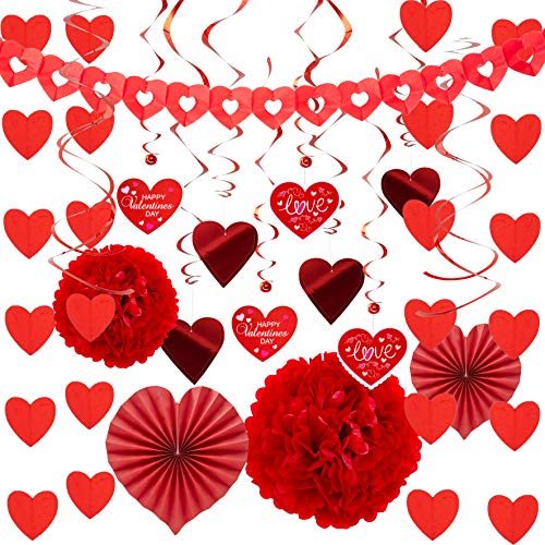 JOYIN 27 Pieces Valentines Day Decoration Kit with 1 Heart Shaped Garland, 2 Tissue Fans, 2 Tissue Poms, 6 Heart String, 8 Double Swirls and 4 Foil Cutouts Swirls and 4 Cardstock Cutouts Swirls