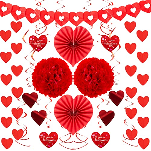 JOYIN 27 Pieces Valentines Day Decoration Kit with 1 Heart Shaped Garland, 2 Tissue Fans, 2 Tissue Poms, 6 Heart String, 8 Double Swirls and 4 Foil Cutouts Swirls and 4 Cardstock Cutouts Swirls