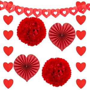 JOYIN 27 Pieces Valentines Day Decoration Kit with 1 Heart Shaped Garland, 2 Tissue Fans, 2 Tissue Poms, 6 Heart String, 8 Double Swirls and 4 Foil Cutouts Swirls and 4 Cardstock Cutouts Swirls