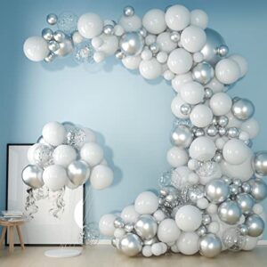 103pcs white and silver balloons garland arch kit 5” 10 inch 12” white silver metallic confetti latex balloons arch set for winter wonderland birthday baby shower wedding party new year’s day decor