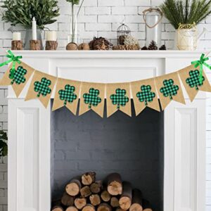 doumeny st. patrick’s day plaid burlap banner buffalo check shamrock bunting banner lucky clover garland banner with bowknot irish green party banner for mantel fireplace spring holiday wall decor