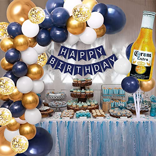 Navy Blue Gold Birthday Party Decorations for Men Women Boys Girls with HAPPY BIRTHDAY Banner, Crown balloons,Corona Foil Balloons,Balloon Garland Kit