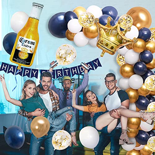 Navy Blue Gold Birthday Party Decorations for Men Women Boys Girls with HAPPY BIRTHDAY Banner, Crown balloons,Corona Foil Balloons,Balloon Garland Kit