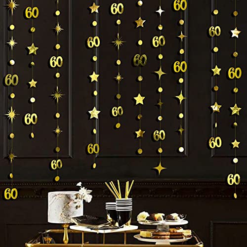 Gold 60th Birthday Decorations Number 60 Circle Dot Twinkle Star Garland Metallic Hanging Streamer Bunting Banner Backdrop for 60 Year Old Happy Birthday 60th Anniversary Sixty Party Supplies